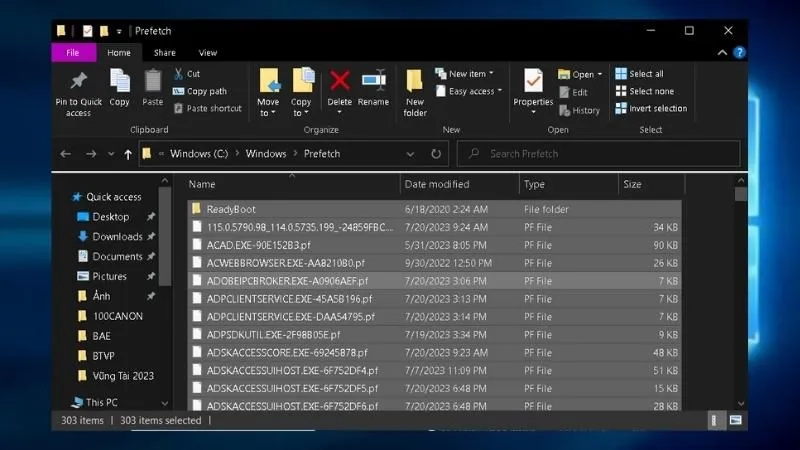 Giao diện thư mục Prefetch chứa các tệp tin cache cần được xóa để thực hiện cách dọn rác trong máy tính