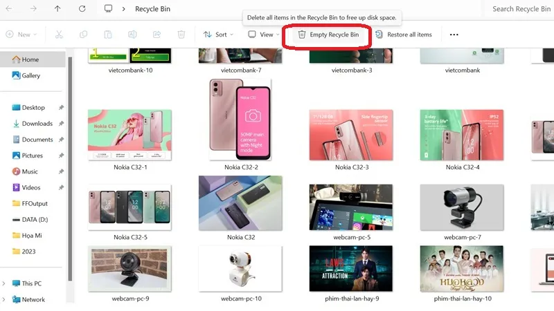 Giao diện Recycle Bin với các tùy chọn quản lý và xóa vĩnh viễn dữ liệu rác