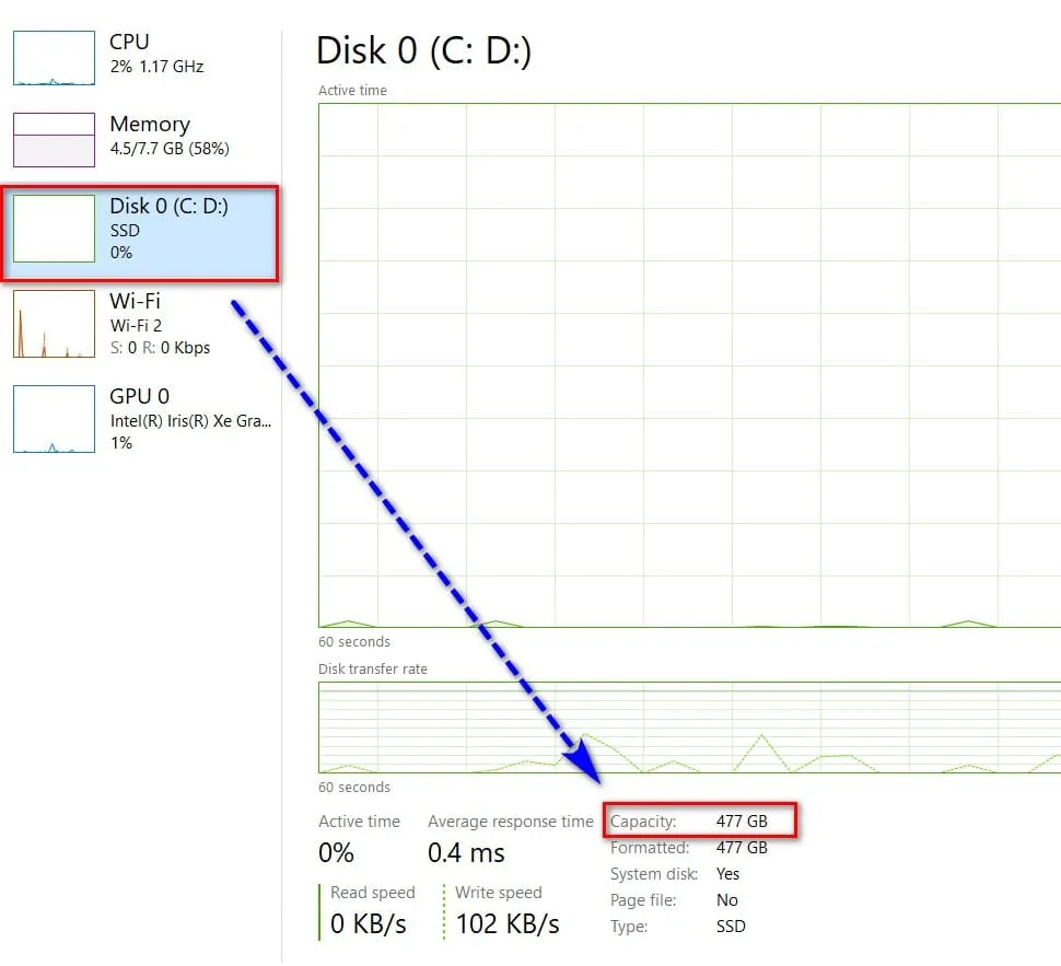 Kiểm tra loại ổ cứng (SSD/HDD) và dung lượng (Capacity) trong Disk 0, giúp xác định cấu hình máy tính mạnh hay yếu
