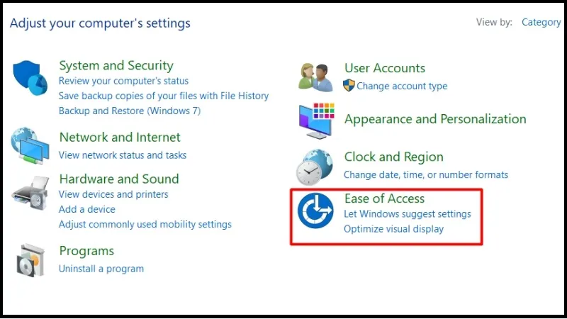 Lựa chọn danh mục Ease of Access trong Control Panel