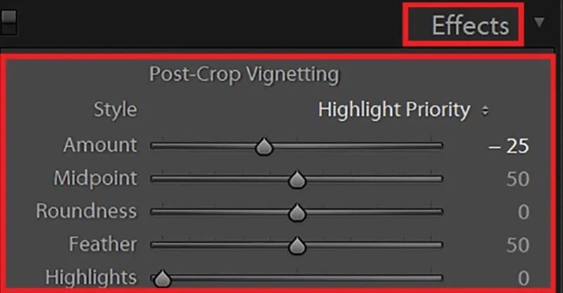 Nhóm thông số Post-Crop Vignetting trong Effects: tạo cảm giác chiều sâu bằng cách làm tối bốn góc ảnh.