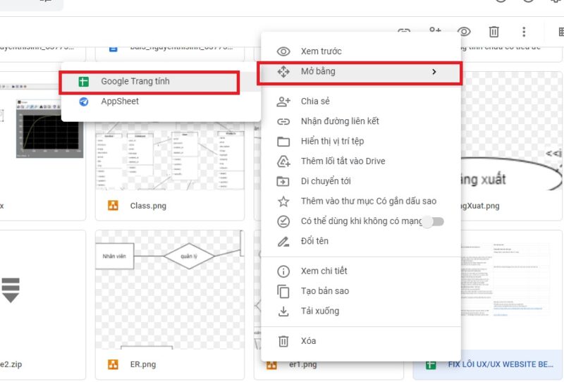 Mở file bằng google trang tính