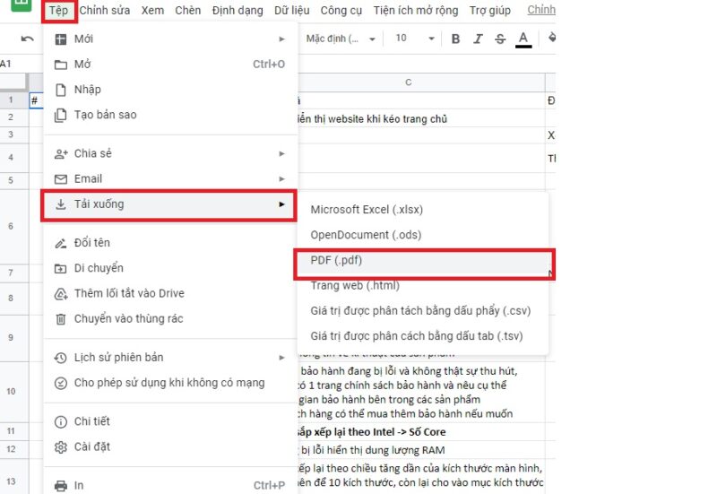 Tải xuống file PDF từ Google Sheets