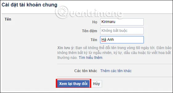 Nhập thông tin tên người dùng mới khi thực hiện cách đổi tên tài khoản máy tính và xem lại các tùy chọn thay đổi.