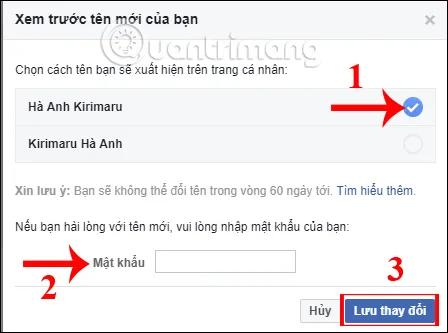 Xác nhận mật khẩu và lưu thay đổi tên người dùng, hoàn tất cách đổi tên tài khoản máy tính an toàn.