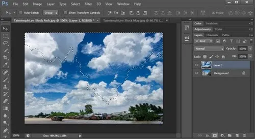 Kết quả sau khi kéo layer mây sang, chuẩn bị áp dụng layer mask để tạo sự hòa trộn tự nhiên