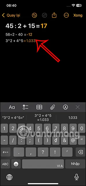 Nhập phương trình và xem kết quả giải toán học tức thì trong tính năng ghi chú số hóa trên máy tính