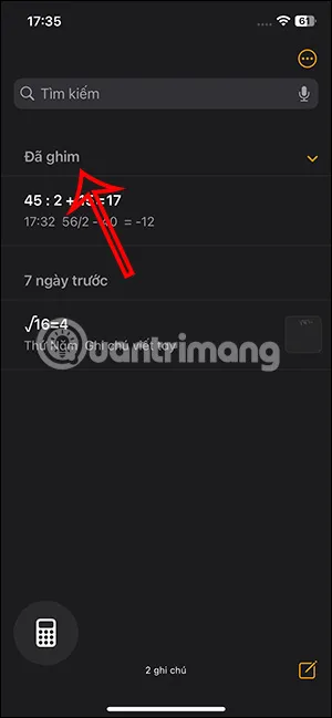 Vị trí mục đã ghim trong giao diện quản lý ghi chú toán học trên iOS 18