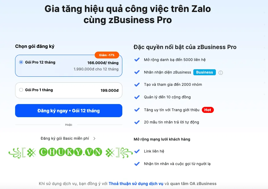 Bảng so sánh giá và tính năng chi tiết của các gói Zalo Business Pro, hướng dẫn lựa chọn gói nâng cấp zalo trên máy tính.