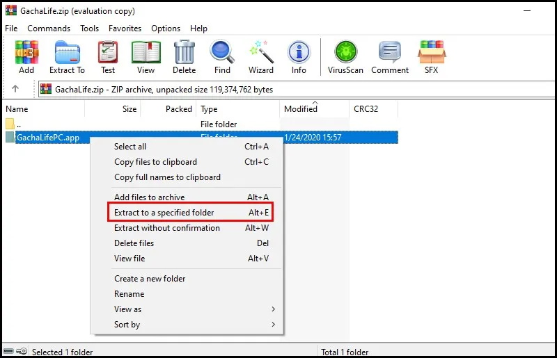 Thao tác click chuột phải để giải nén file Gacha Life .zip bằng phần mềm nén trên PC