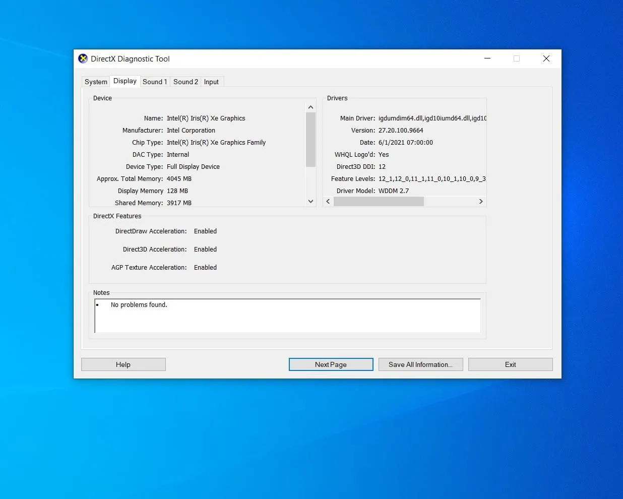 Giao diện DirectX Diagnostic Tool hiển thị các thông số hệ thống và phần cứng chi tiết