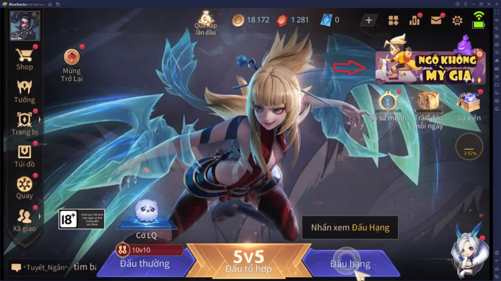 Tổng quan giao diện trang chủ Liên Quân Mobile khi chạy trên máy tính để bàn