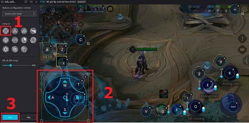 Giao diện trận đấu Liên Quân được tối ưu hóa cho màn hình PC, hỗ trợ thiết lập đồ họa