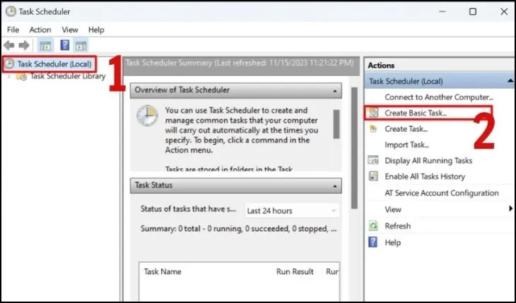 Giao diện Task Scheduler hiển thị tùy chọn Create Basic Task