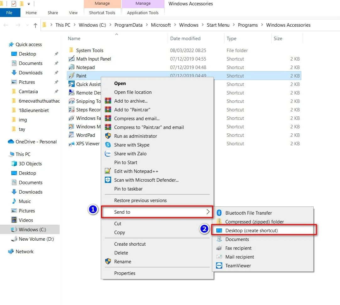 Hộp thoại Send To Desktop trong menu chuột phải, phương pháp nhanh chóng để tạo lối tắt ứng dụng.