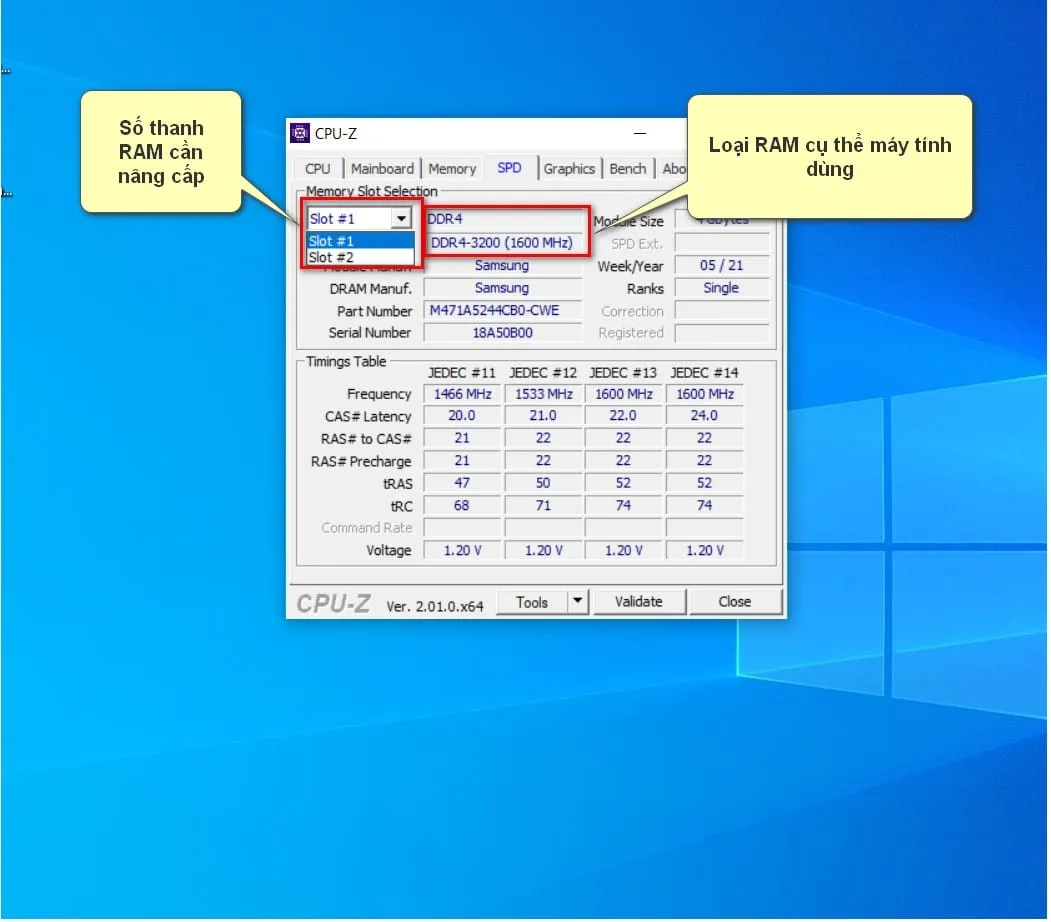 Kiểm tra Slot RAM trống và thông số RAM hiện tại (Slot #1) trong CPU-Z để chuẩn bị nâng cấp cấu hình