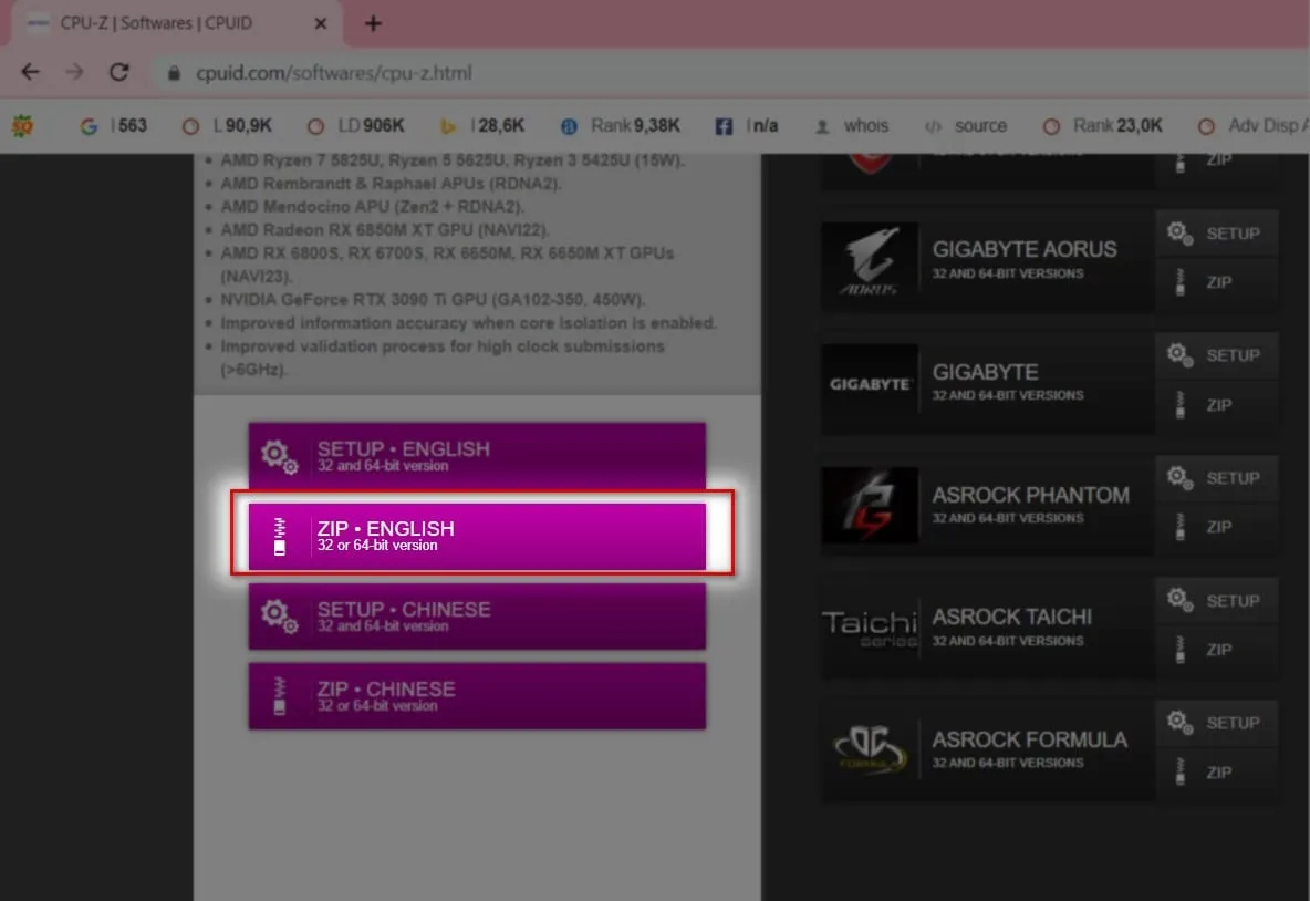 Chọn định dạng Zip - English download trên Cpuid để tải công cụ kiểm tra thông số CPU