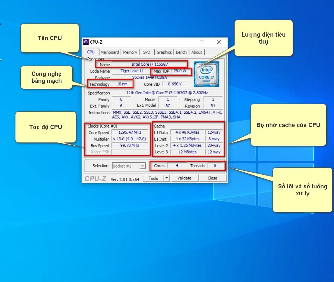 Giao diện chính của CPU-Z hiển thị chi tiết thông số CPU (Name, Clocks, Cores, Threads), các yếu tố quyết định cấu hình máy tính mạnh hay yếu