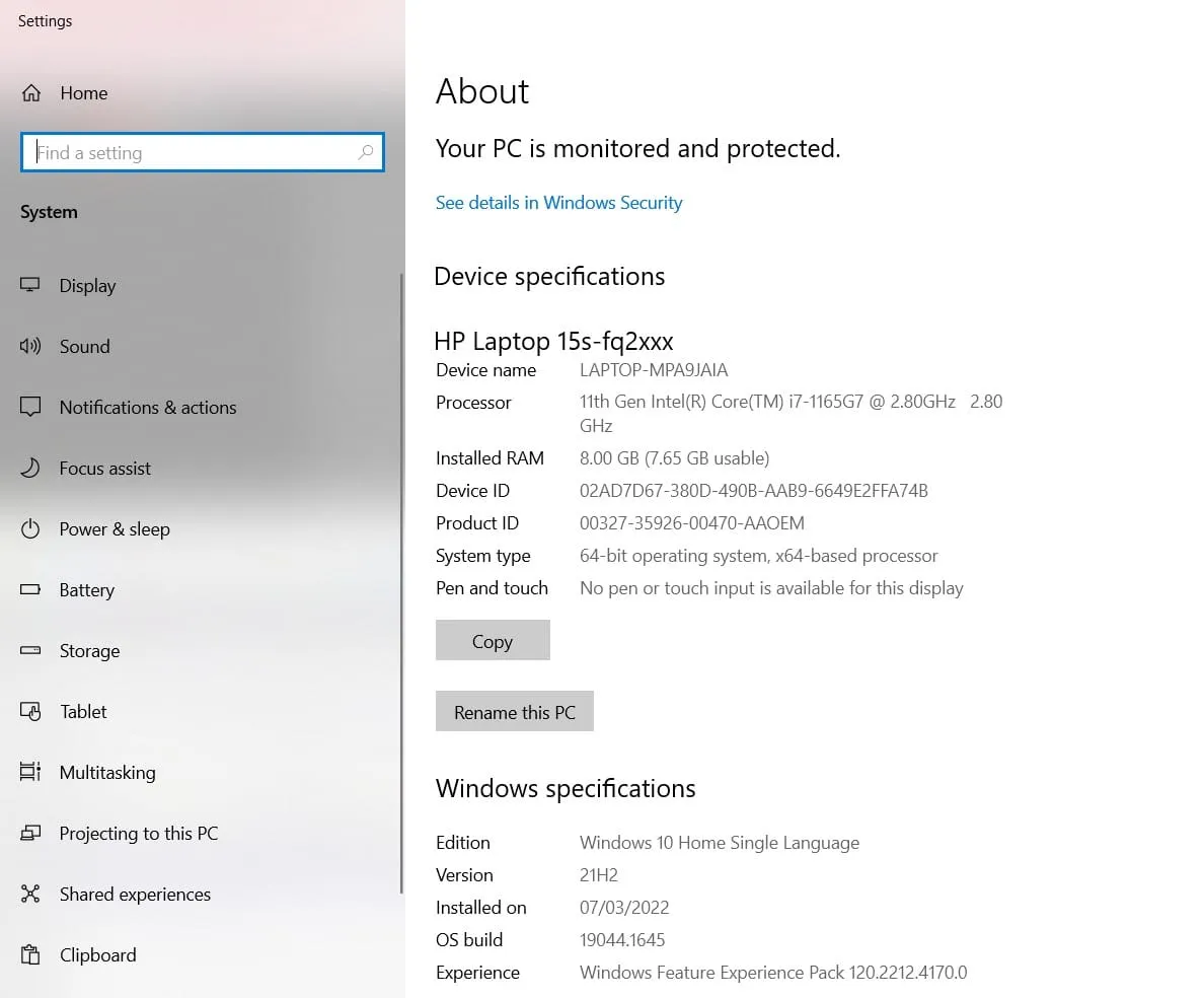 Giao diện Settings hiển thị thông số cơ bản (CPU, RAM, System type) trong quá trình kiểm tra cấu hình máy tính mạnh hay yếu