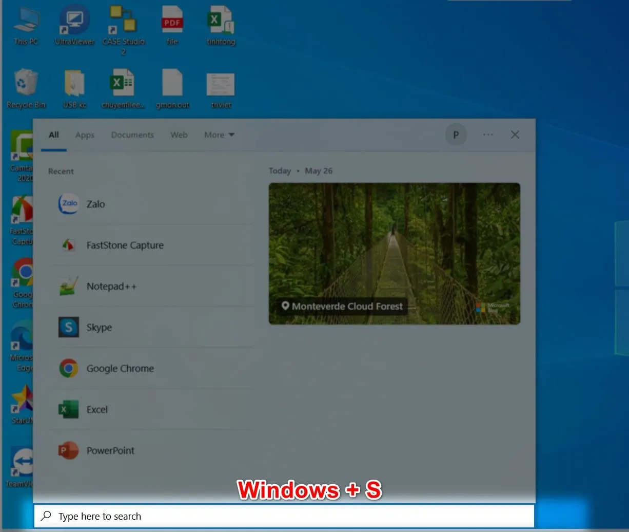 Sử dụng tổ hợp phím Win + S để mở thanh tìm kiếm Windows, phục vụ việc tìm kiếm ứng dụng bị ẩn.