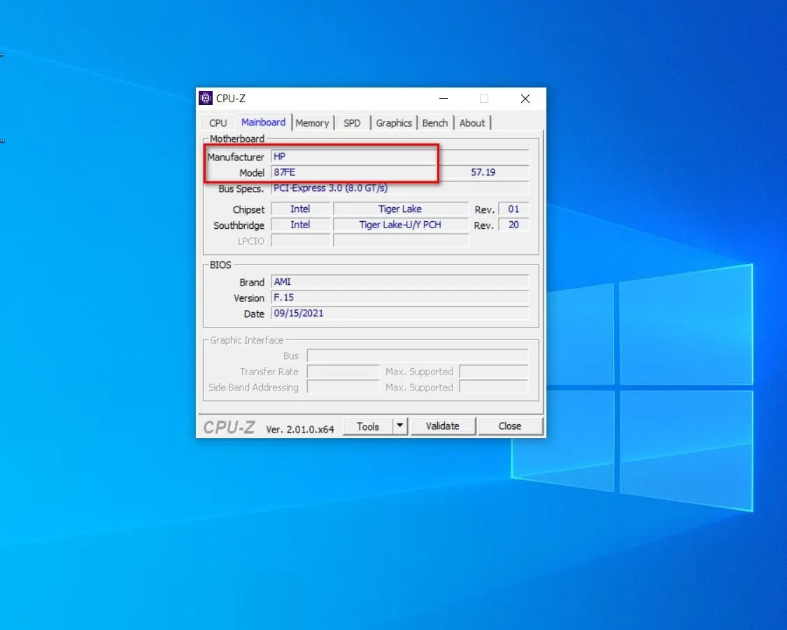 Tab Mainboard trong CPU-Z cung cấp thông tin về hãng sản xuất và Model bo mạch chủ của máy tính