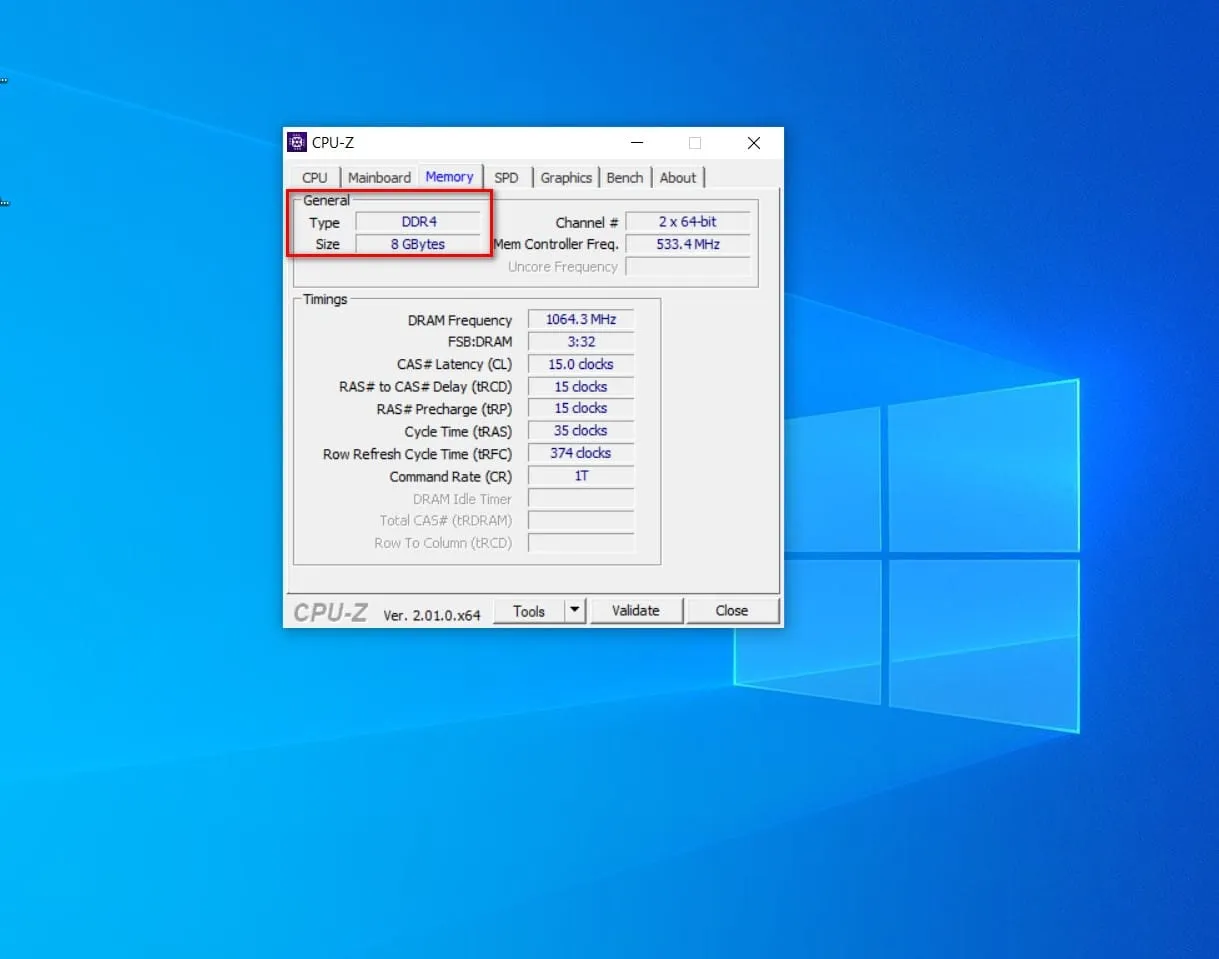 Tab Memory trong CPU-Z hiển thị loại RAM (Type) và tổng dung lượng (Size) đang được sử dụng