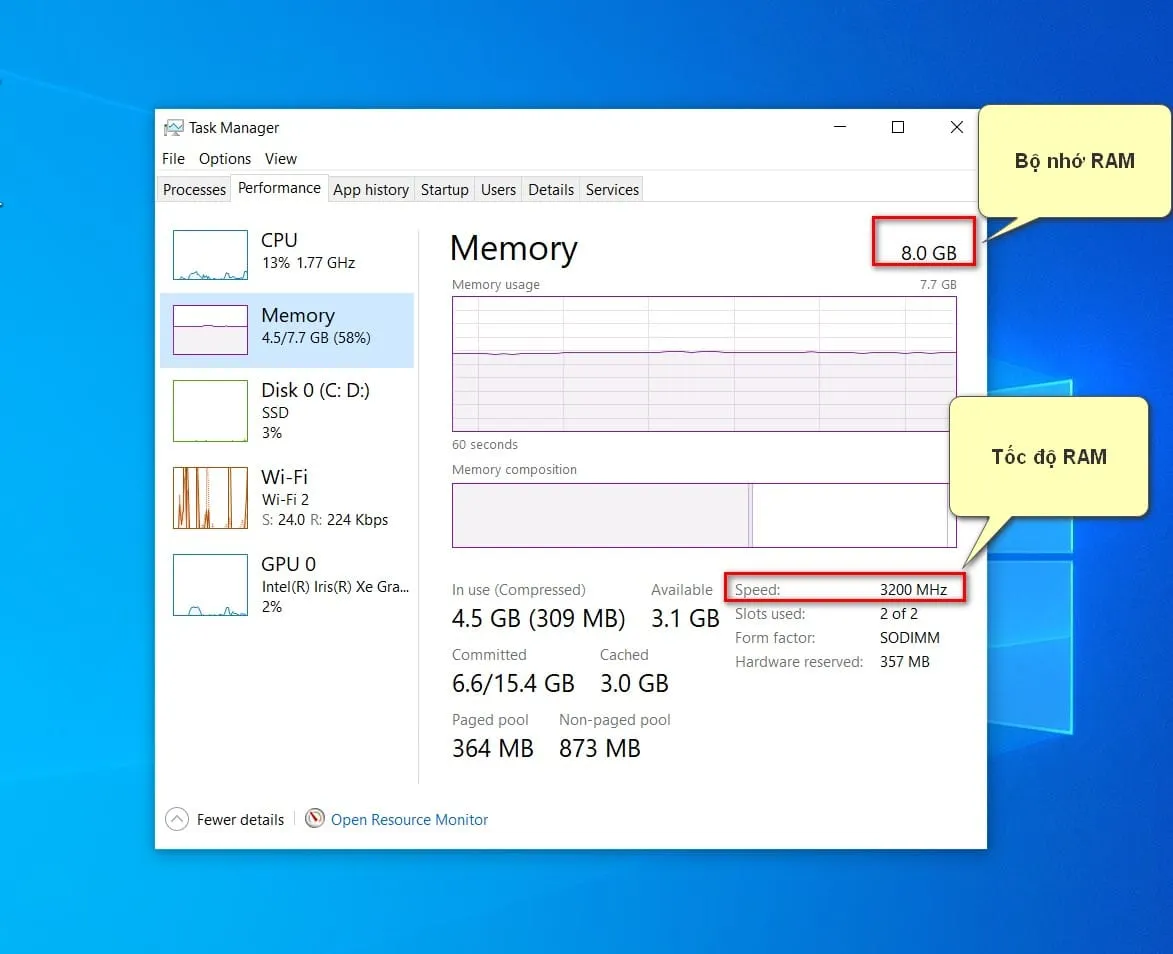 Thông số RAM (Dung lượng, Tốc độ) trong Task Manager ảnh hưởng trực tiếp đến hiệu suất máy tính