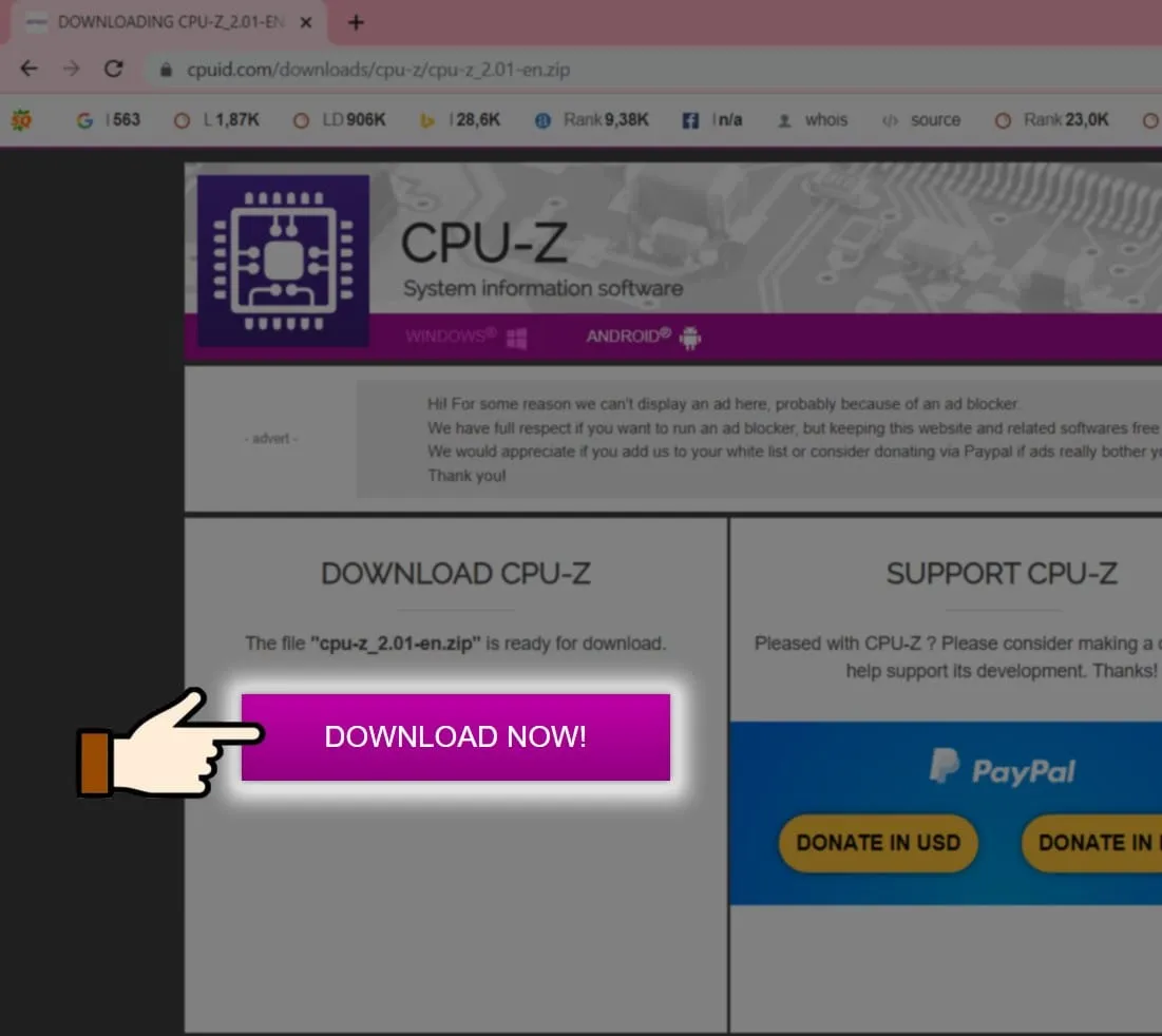Giao diện Download Now để bắt đầu tải file cài đặt CPU-Z giúp xem cấu hình máy tính chi tiết