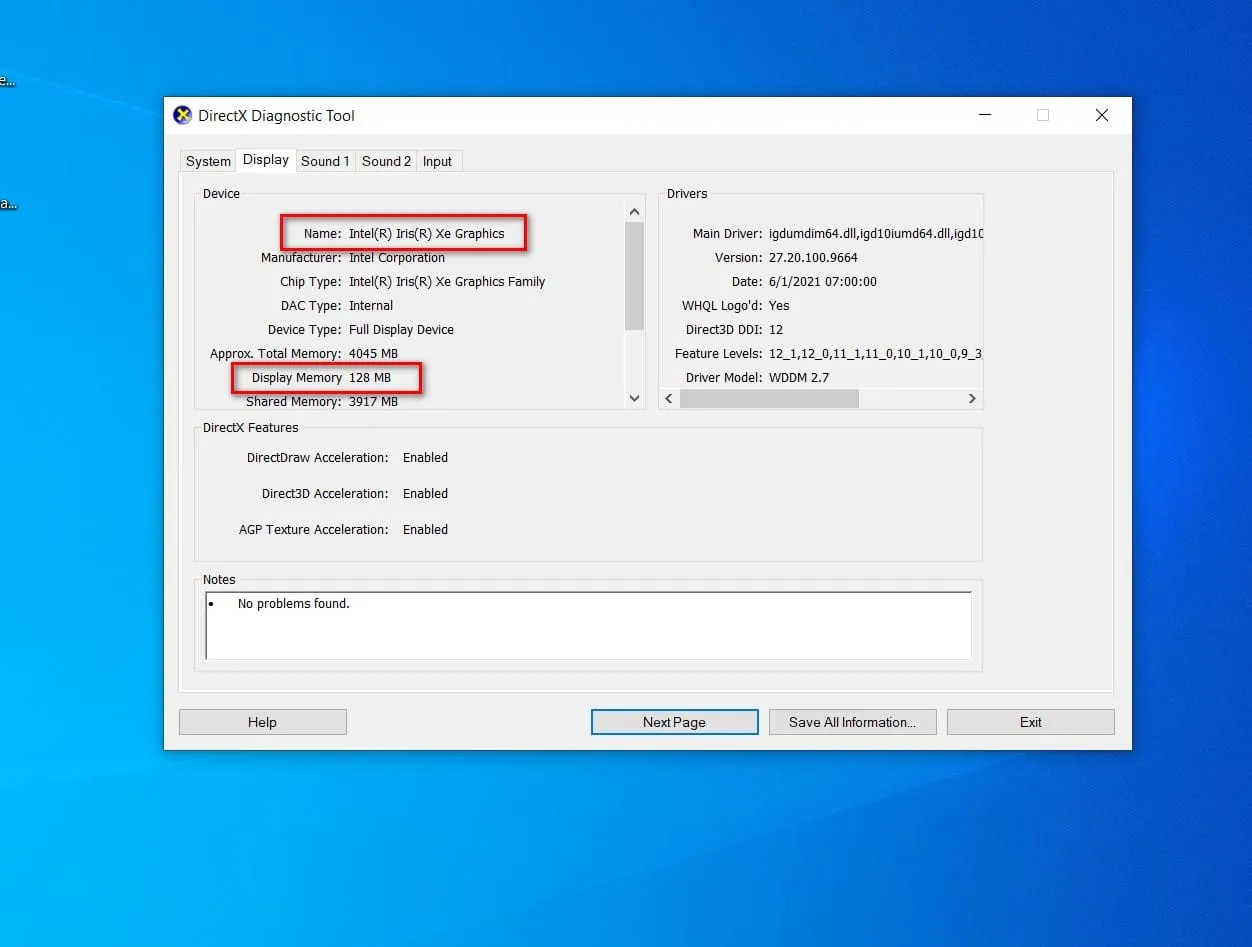 Thông số card đồ họa (Name, Display Memory) trong mục Display, quyết định khả năng xử lý đồ họa của máy tính mạnh hay yếu