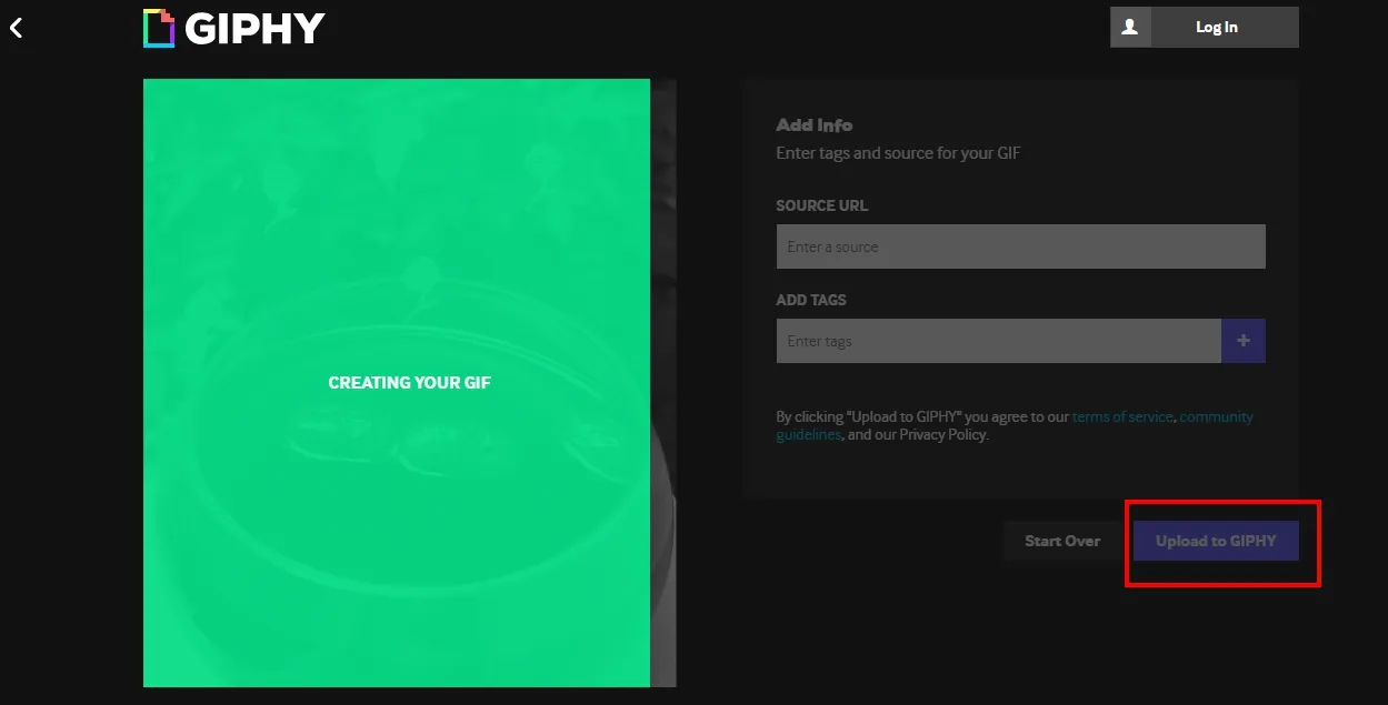 Nút Upload to Giphy sau khi hoàn tất các tùy chỉnh cần thiết cho ảnh động