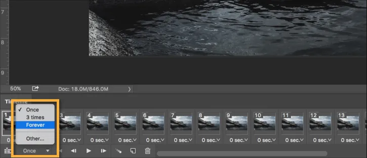 Thiết lập tùy chọn lặp lại Forever trong menu Repeat dưới bảng Timeline Photoshop