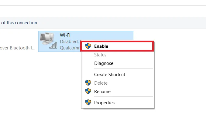 Kích hoạt lại Network Adapter bằng cách chọn Enable để khôi phục kết nối internet