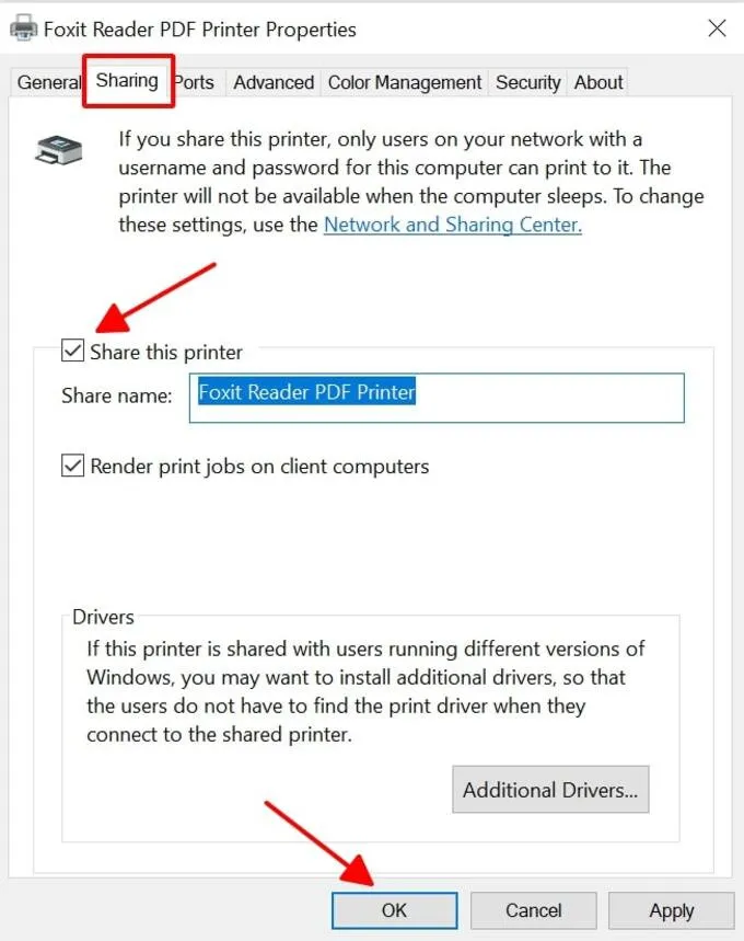 Tick vào ô Share this printer để cho phép chia sẻ máy in