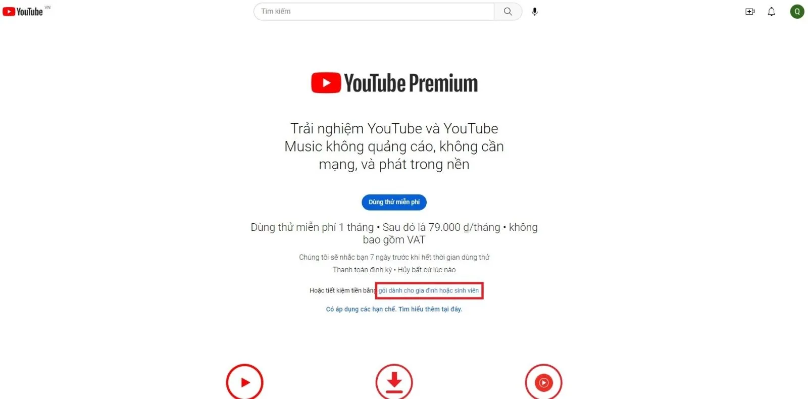 Giao diện lựa chọn gói đăng ký YouTube Premium trên máy tính
