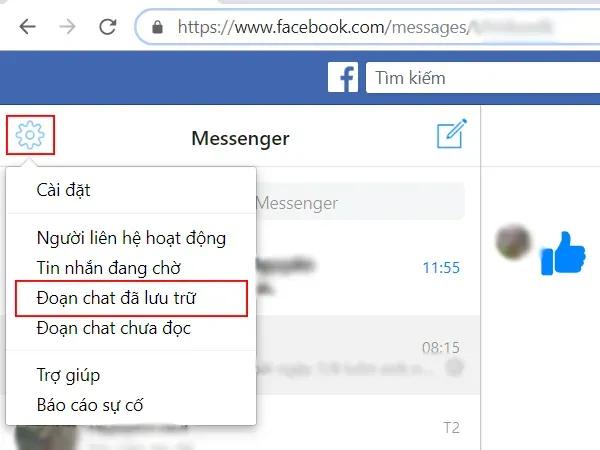 Mở cài đặt Messenger và chọn mục Đoạn chat đã lưu trữ để tìm tin nhắn.