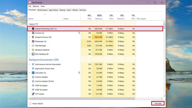 Kiểm tra và đóng các ứng dụng đồ họa như Photoshop, AI bằng Task Manager