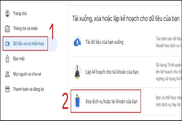 Màn hình quản lý dịch vụ google và lựa chọn xóa gmail thay vì xóa tài khoản google trên máy tính
