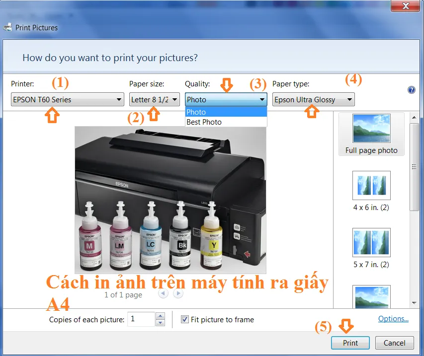 Hộp thoại cài đặt in hình ảnh từ máy tính trên Windows 10, hiển thị các tùy chọn khổ giấy và chất lượng in