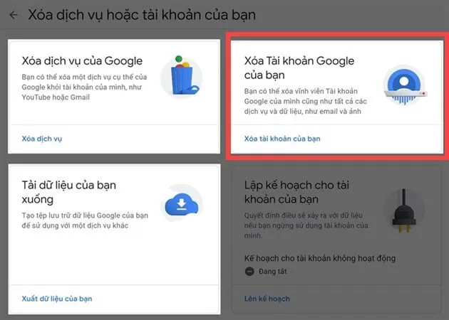 Hướng dẫn chọn mục xóa tài khoản google trên máy tính trong trang quản lý dữ liệu