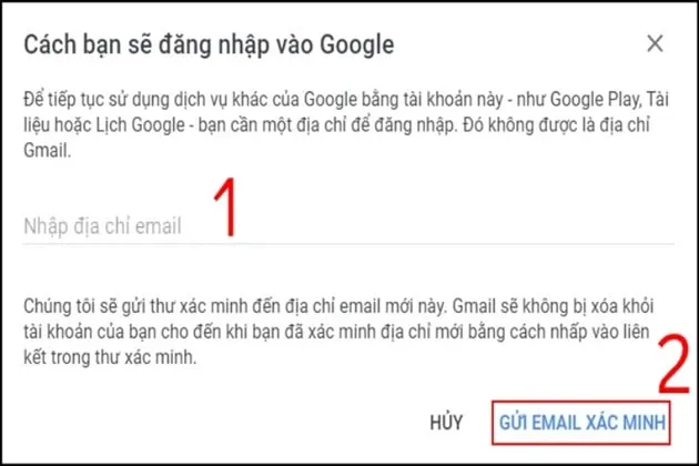 Yêu cầu nhập địa chỉ email khác để xác nhận khi tiến hành xóa dịch vụ gmail