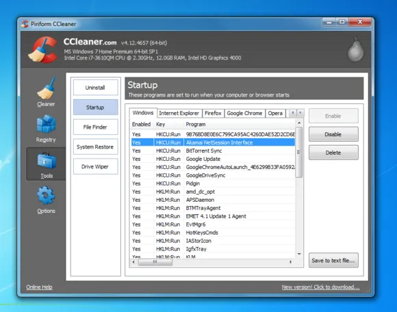 Giao diện CCleaner quản lý các mục khởi động tự động giúp tối ưu hóa Windows 7