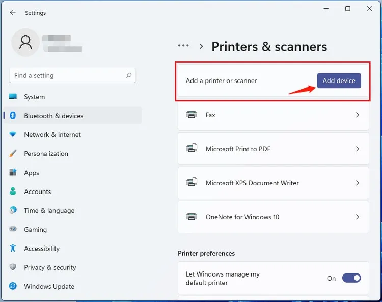 Kiểm tra thiết bị in ấn trong mục Printers & scanners trên Settings