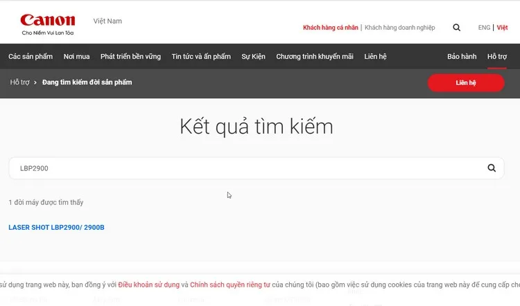 Tìm kiếm driver cho máy in Canon LBP2900 trên trang hỗ trợ chính thức của Canon