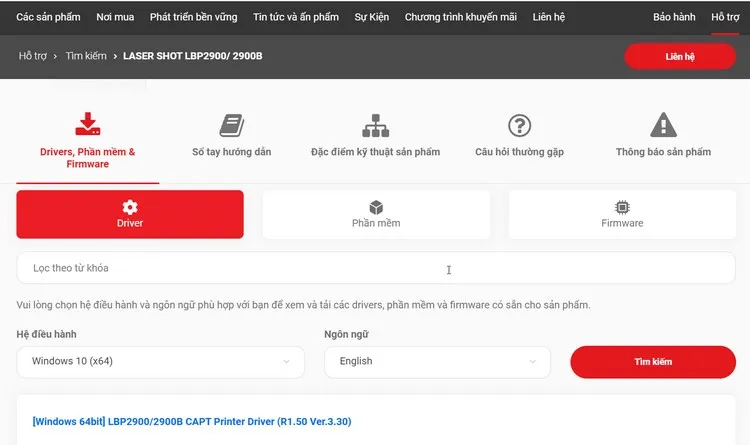 Cửa sổ tải driver, hiển thị các phiên bản hệ điều hành 32-bit và 64-bit cần chọn để tải driver máy in Canon LBP2900