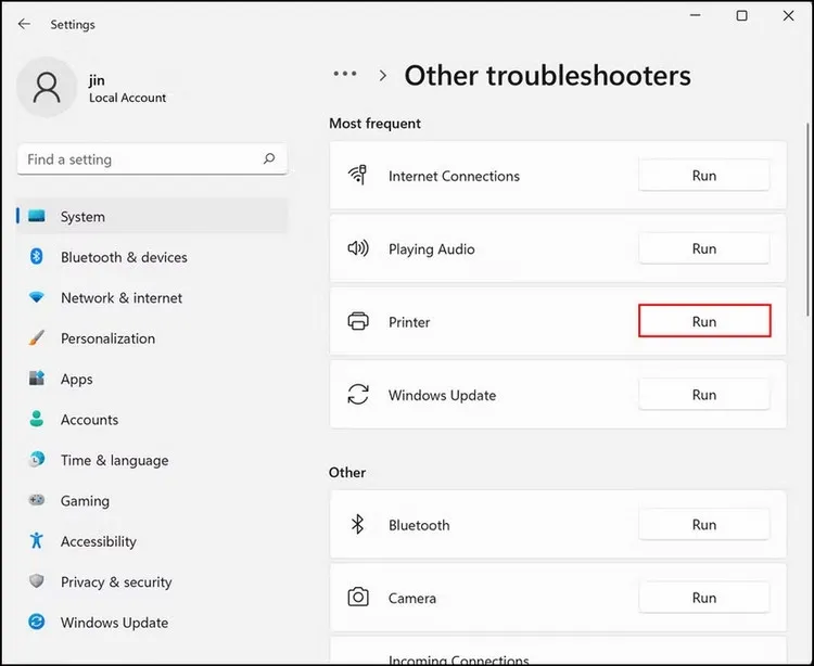 Giao diện Other troubleshooters trong Windows 11, nơi có tùy chọn chạy trình khắc phục sự cố máy in