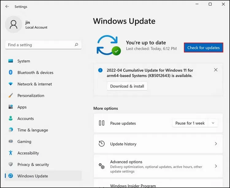 Màn hình Windows Update trong Settings, kiểm tra và cài đặt các bản cập nhật mới nhất của hệ điều hành