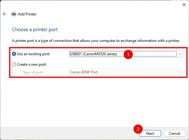 Cấu hình cổng kết nối (Use an existing port) trong trình cài đặt, thường là cổng USB ảo hoặc LPT để cài đặt driver máy in LBP2900