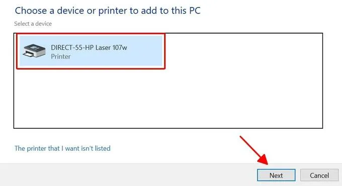 Chọn máy in đã chia sẻ và nhấp Next
