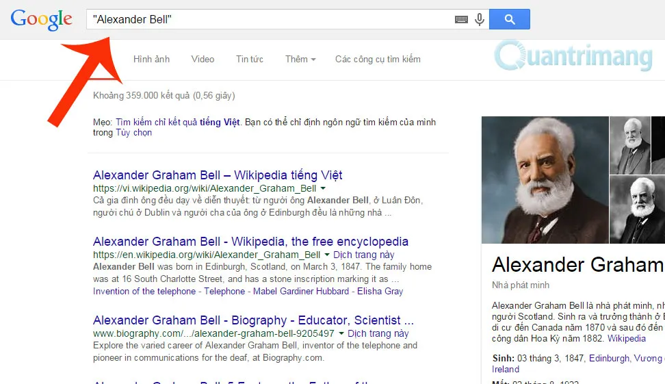 Mô tả việc sử dụng dấu ngoặc kép để tìm kiếm một chuỗi ký tự chính xác trên Google