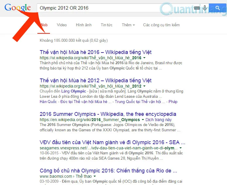 Ảnh chụp màn hình minh họa việc sử dụng toán tử logic OR để tìm kiếm kết quả liên quan đến một trong hai từ khóa được chỉ định